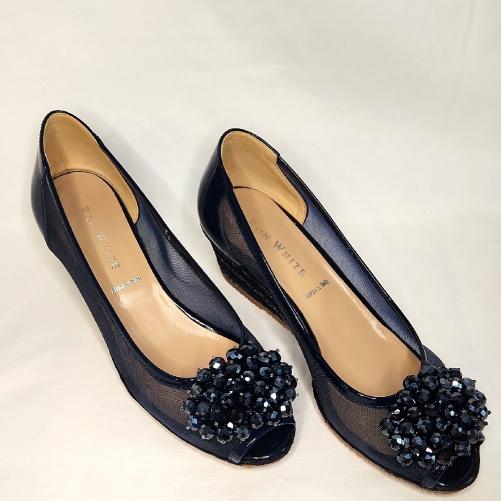 Don White Navy Crystal Peep-Toe Wedge Shoes